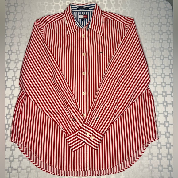 Vintage Tommy Hilfiger Red White Striped Button Up Shirt - Picture 9 of 13